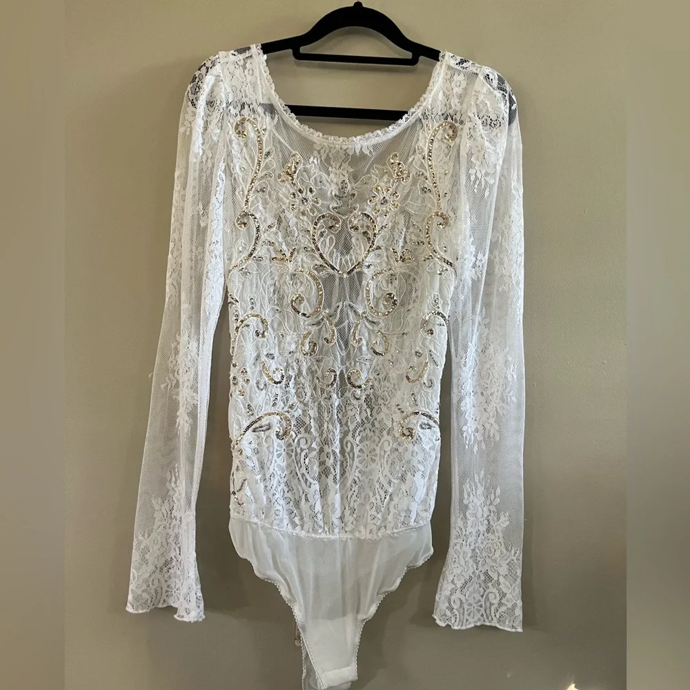 Free People - Intimately  - Ready to Party Lace Bodysuit White Long Sleeve Small